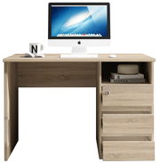 Moderner Schreibtisch aus Holz mit Schubladen und Regal, darauf ein Computer, Tasse und Buch, frontale Perspektive