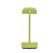 Moderne grüne Tischlampe mit rundem Sockel und schmalem Ständer, frontal abgebildet.