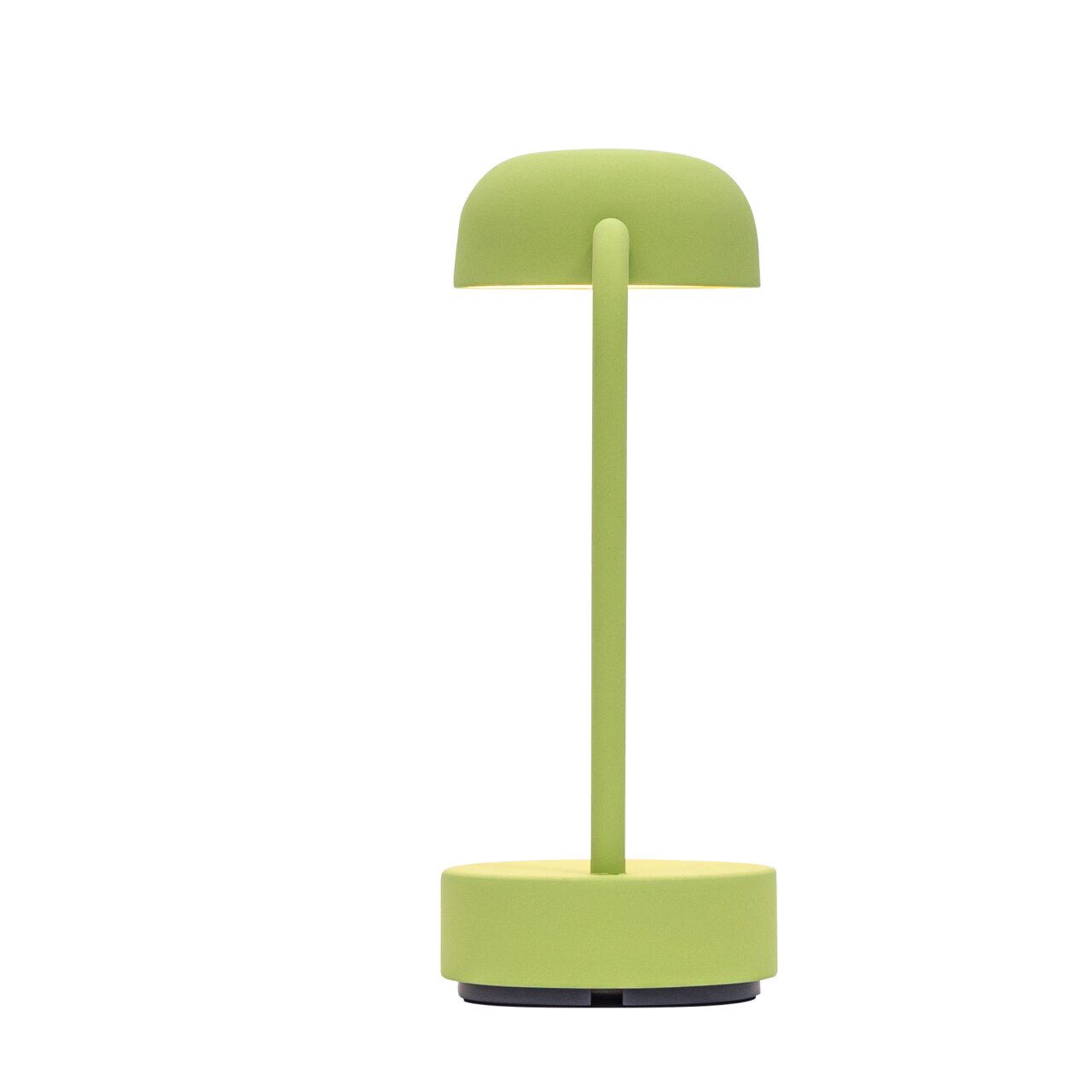 Moderne groene tafellamp met ronde voet en slanke steel, afgebeeld van voren.