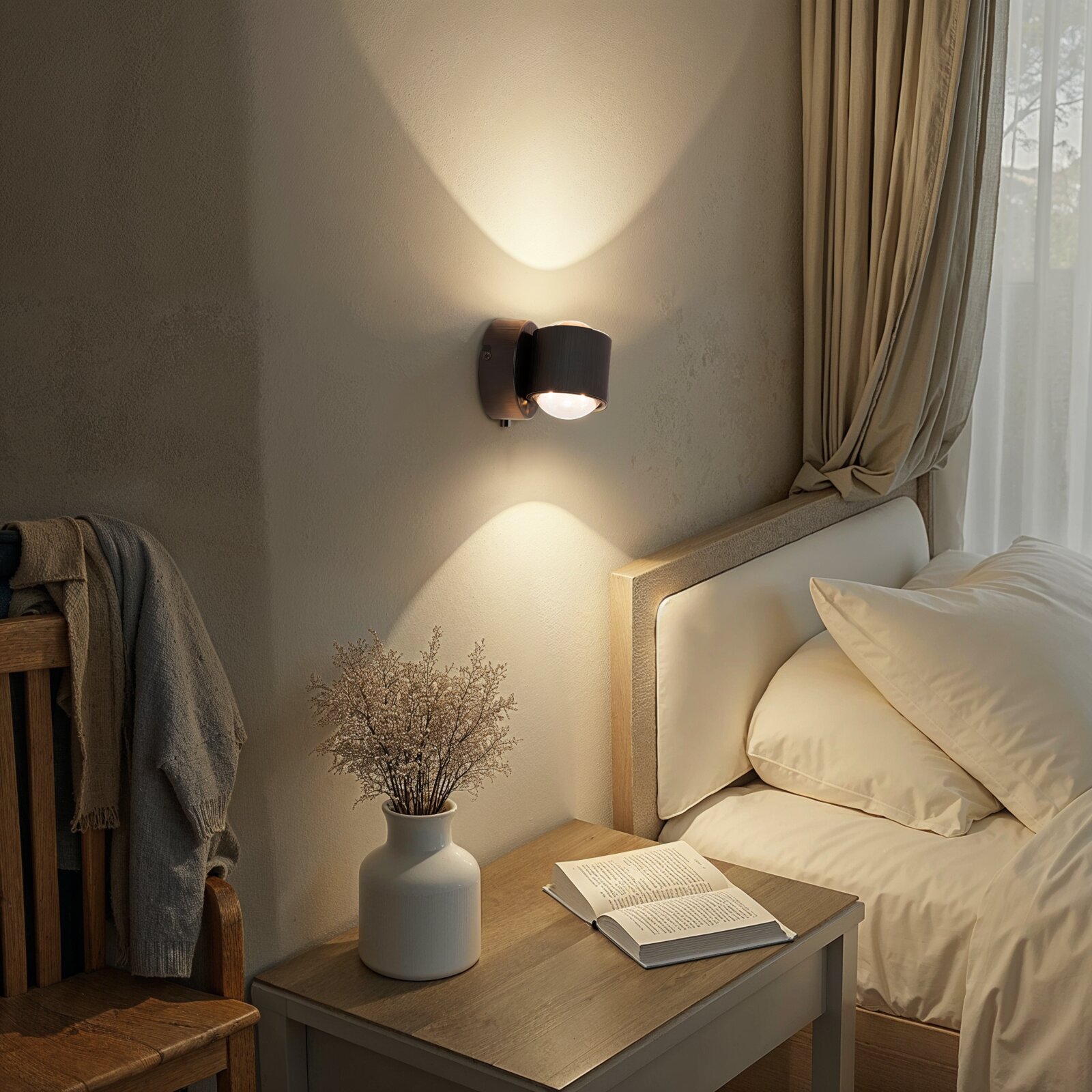 Moderne Wandlampe mit zylindrischem Metallschirm und Up-and-Down-Lichtkegel über einem Nachttisch neben einem Bett, perspektivisch in leichter Seitenansicht im Schlafzimmer