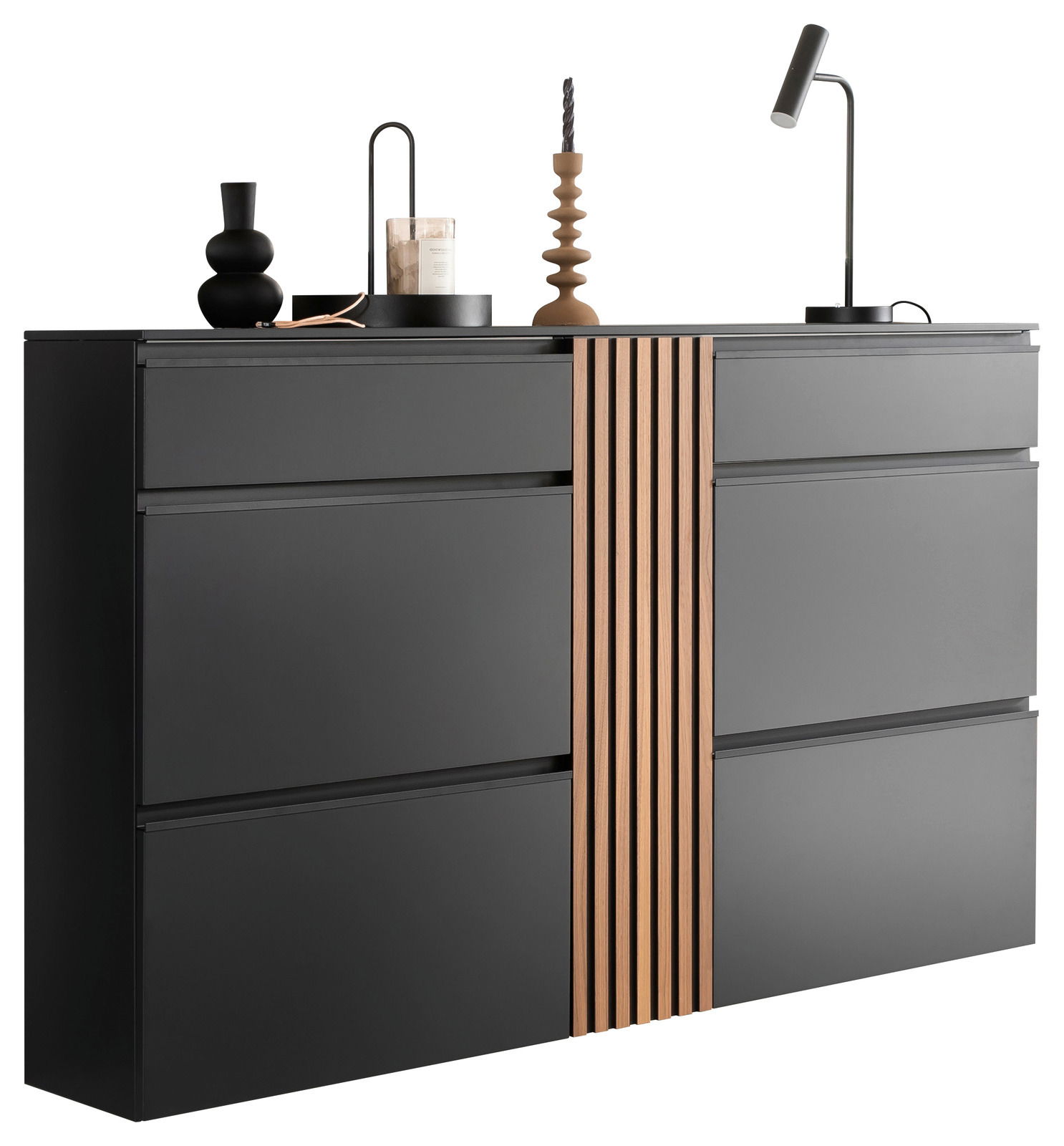 Moderano Hänge-Schuhschrank ARTA Moderner Hänge-Schuhschrank in Schwarz mit vertikalen Holzstreifen, dekoriert mit stilvollen Accessoires, seitliche Perspektive