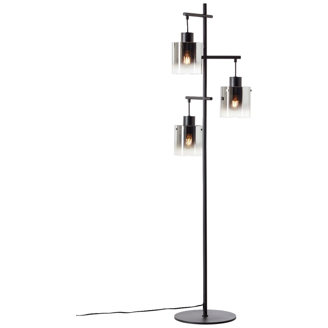 Moderne Standleuchte Simonis mit drei zylindrischen Lampenschirmen aus Glas, seitliche Perspektive