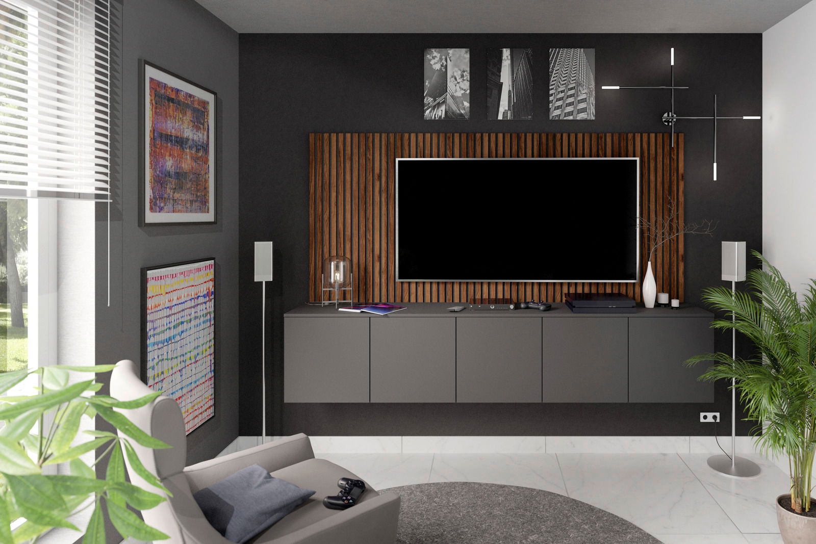 Modernes Wohnzimmer mit grauem Dekopaneel-Set, Flachbildfernseher und stilvoller Dekoration, seitliche Perspektive.