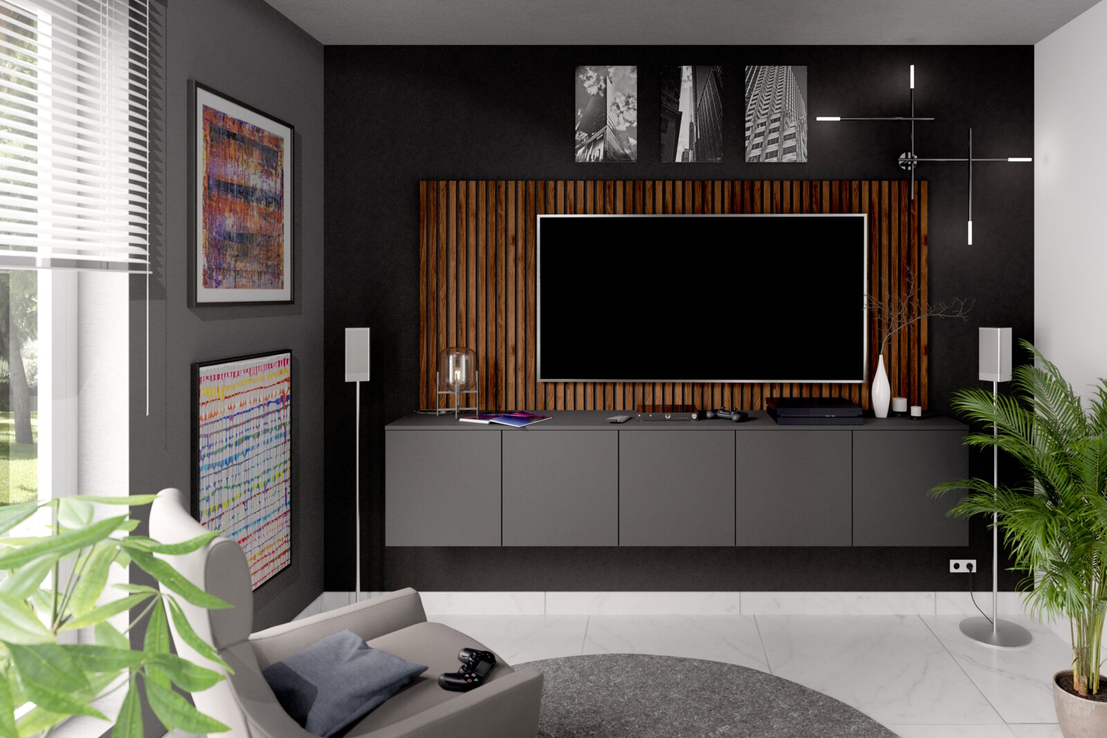 Modernes Wohnzimmer mit grauem Dekopaneel-Set, Flachbildfernseher und stilvoller Dekoration, seitliche Perspektive.
