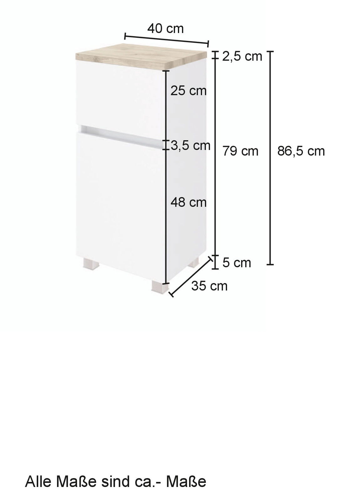 Unterschrank in Weiß mit Holzoberfläche, Maße: 40 cm Breite, 35 cm Tiefe, 86,5 cm Höhe, seitliche Perspektive