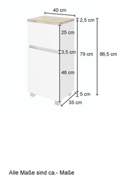 Unterschrank in Weiß mit Holzoberfläche, Maße: 40 cm Breite, 35 cm Tiefe, 86,5 cm Höhe, seitliche Perspektive
