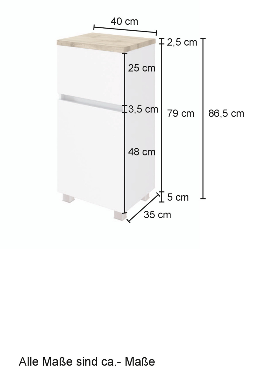 Unterschrank in Weiß mit Holzoberfläche, Maße: 40 cm Breite, 35 cm Tiefe, 86,5 cm Höhe, seitliche Perspektive