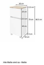 Unterschrank in Weiß mit Holzoberfläche, Maße: 40 cm Breite, 35 cm Tiefe, 86,5 cm Höhe, seitliche Perspektive