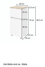 Unterschrank in Weiß mit Holzoberfläche, Maße: 40 cm Breite, 35 cm Tiefe, 86,5 cm Höhe, seitliche Perspektive