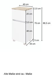 Unterschrank in Weiß mit Holzoberfläche, Maße: 40 cm Breite, 35 cm Tiefe, 86,5 cm Höhe, seitliche Perspektive