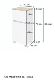 Onderkast in wit met houten afwerking, afmetingen: 40 cm breed, 35 cm diep, 86,5 cm hoog, zijaanzicht