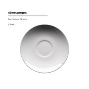 Weißer Unterteller/Kaffeetassen-Untersetzer aus Porzellan mit 14,5 cm Durchmesser, 6er-Set, Draufsicht (Top-Down) auf weißem Hintergrund
