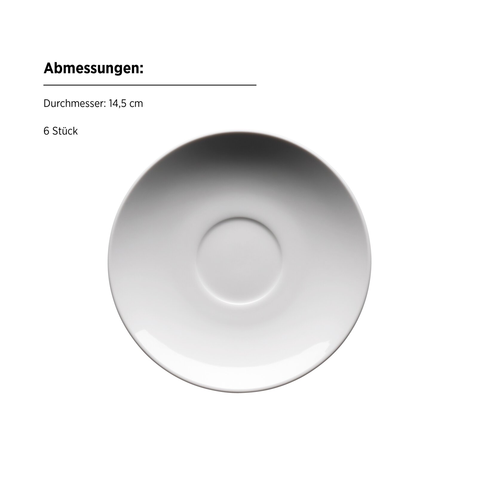 Weißer Unterteller/Kaffeetassen-Untersetzer aus Porzellan mit 14,5 cm Durchmesser, 6er-Set, Draufsicht (Top-Down) auf weißem Hintergrund