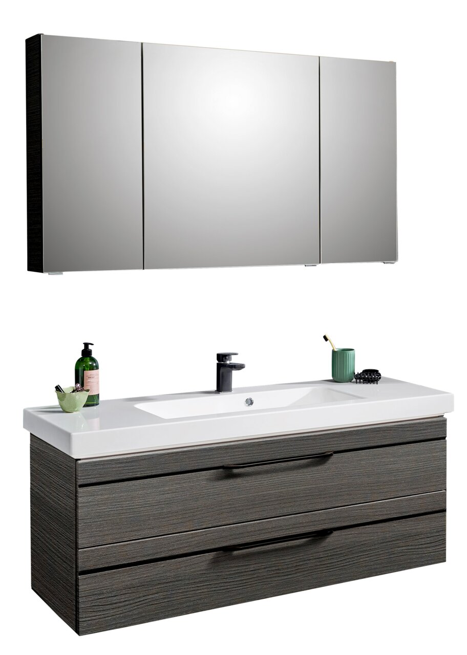 Sadena Badkombination BERN Moderne Badkombination mit dreiteiligem Spiegelschrank und Waschbeckenunterschrank in Holzoptik, seitliche Perspektive