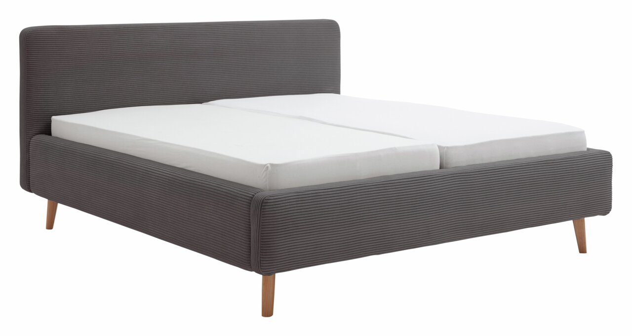XORA Polsterbett MATTIS Graues Polsterbett mit Holzfüßen, seitliche Perspektive
