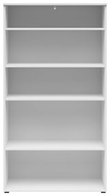 Weißes Regal mit fünf Ebenen, frontal betrachtet.