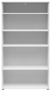 Weißes Regal mit fünf Ebenen, frontal betrachtet.