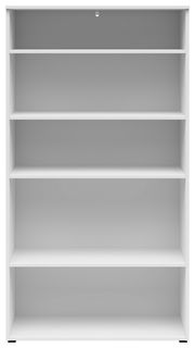 Weißes Regal mit fünf Ebenen, frontal betrachtet.