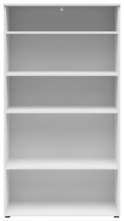 Weißes Regal mit fünf Ebenen, frontal betrachtet.