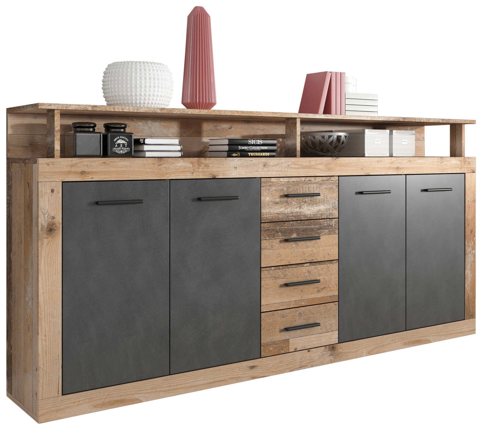 Sideboard aus Holz und grauem Material mit vier Türen und vier Schubladen, dekoriert mit Büchern und Vasen, seitliche Perspektive
