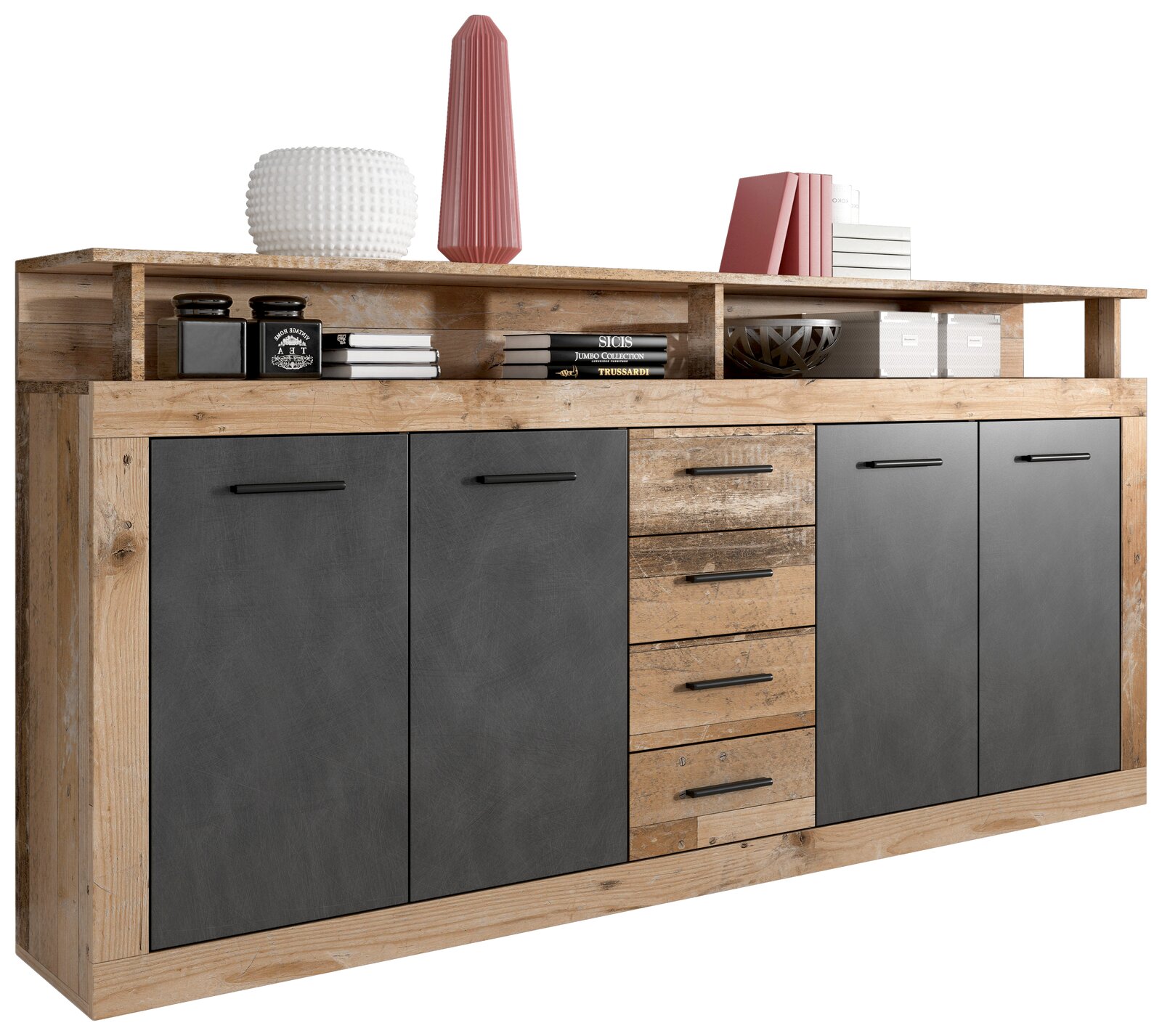 Sideboard aus Holz und grauem Material mit vier Türen und vier Schubladen, dekoriert mit Büchern und Vasen, seitliche Perspektive