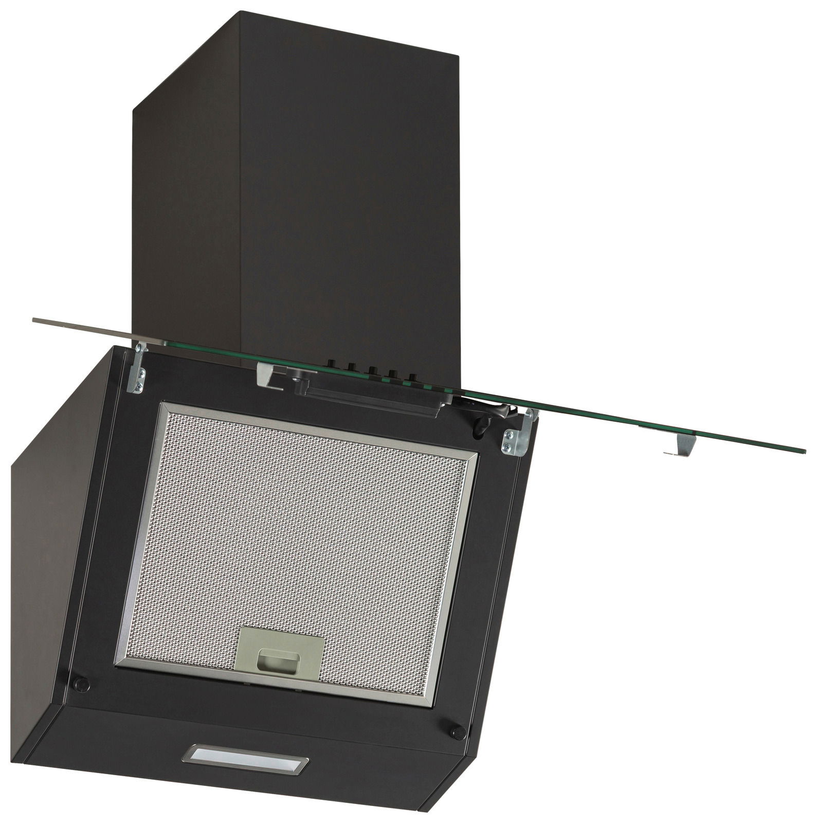 Moderne Dunstabzugshaube in schwarzem Design, seitliche Perspektive