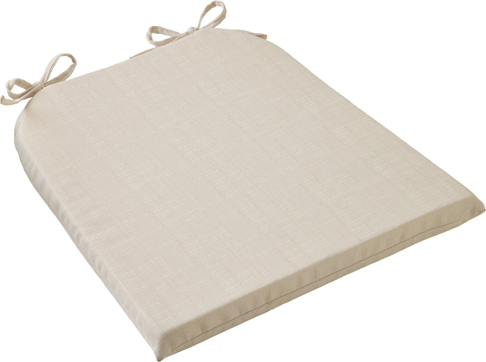 Beige Sitzauflage mit Schleifen zur Befestigung, perspektivisch von oben fotografiert.