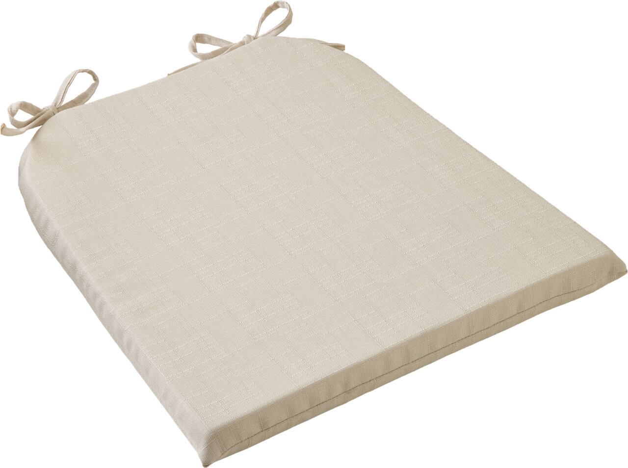 Beige Sitzauflage mit Schleifen zur Befestigung, perspektivisch von oben fotografiert.