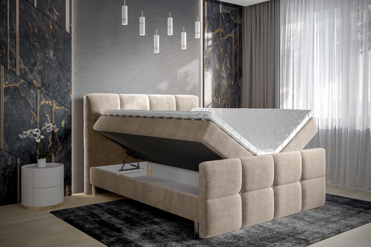 Boxbett mit hochgeklappter Matratze, seitliche Perspektive, modernes Design mit grauem Stoffbezug und Stauraum darunter.