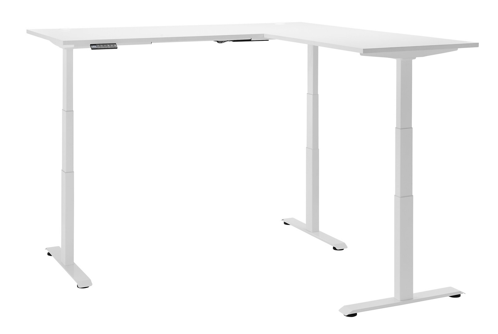 Moderner weißer E-Eckschreibtisch mit höhenverstellbaren Beinen, seitliche Perspektive