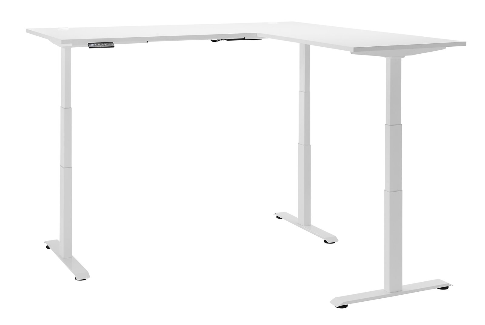 Moderner weißer E-Eckschreibtisch mit höhenverstellbaren Beinen, seitliche Perspektive