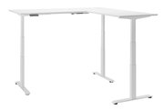 Moderner weißer E-Eckschreibtisch mit höhenverstellbaren Beinen, seitliche Perspektive
