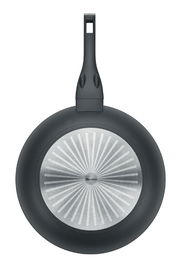 Schwarze Schmorpfanne Balance Enduro 2, Ansicht von unten mit silbernem Boden und ergonomischem Griff.