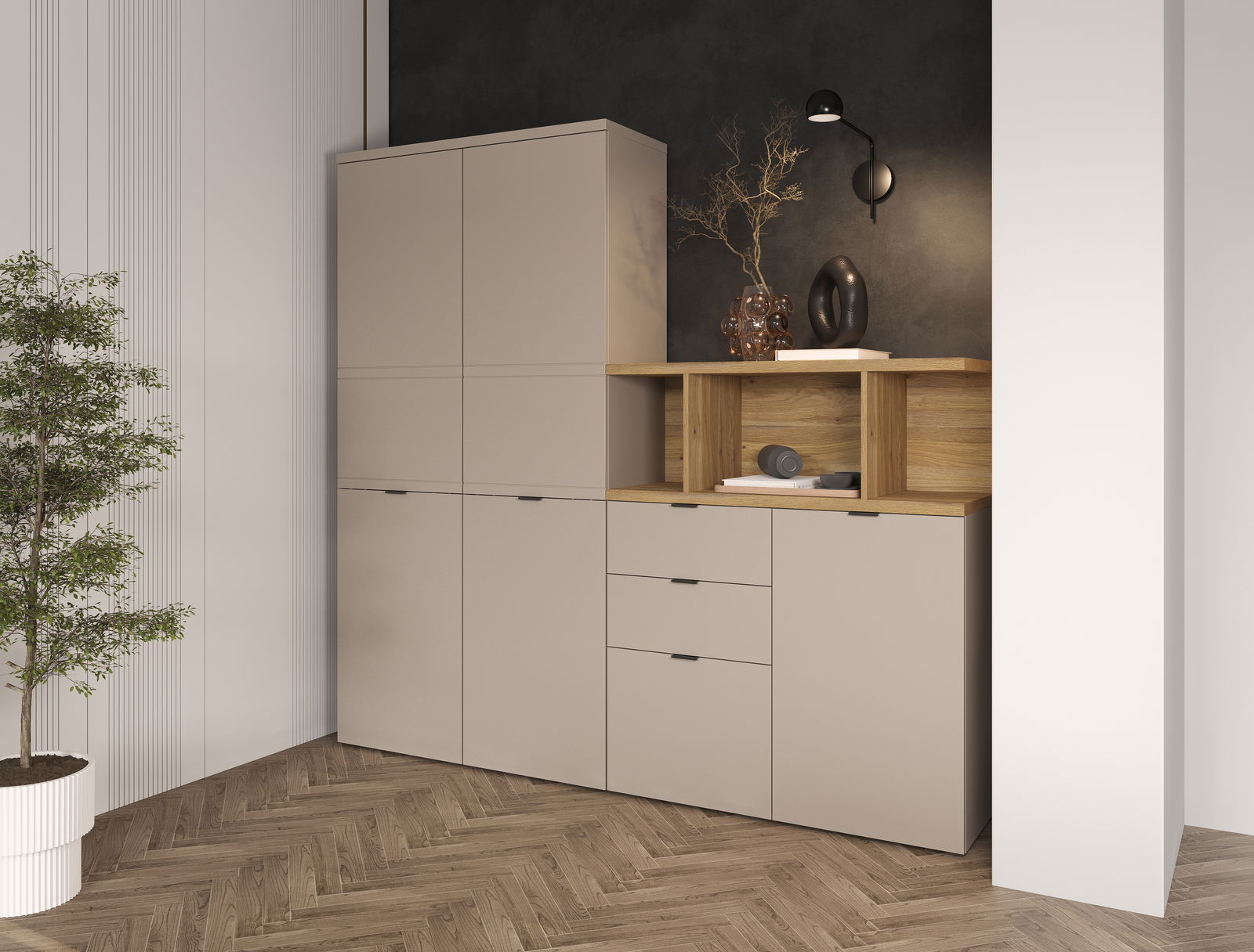Moderne Wohnzimmerschrankkombination in Beige mit Holzregal, seitliche Perspektive