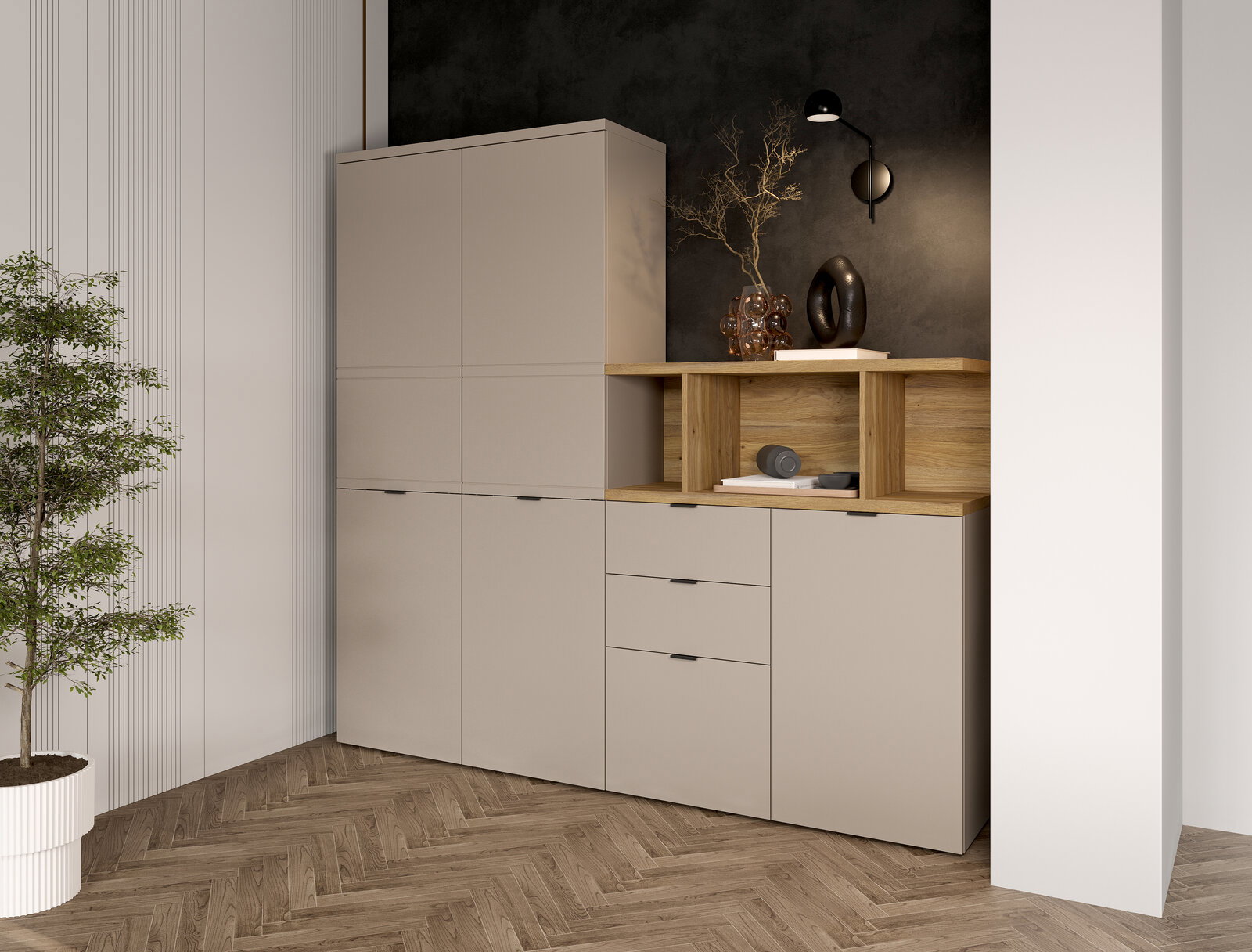 Moderne Wohnzimmerschrankkombination in Beige mit Holzregal, seitliche Perspektive