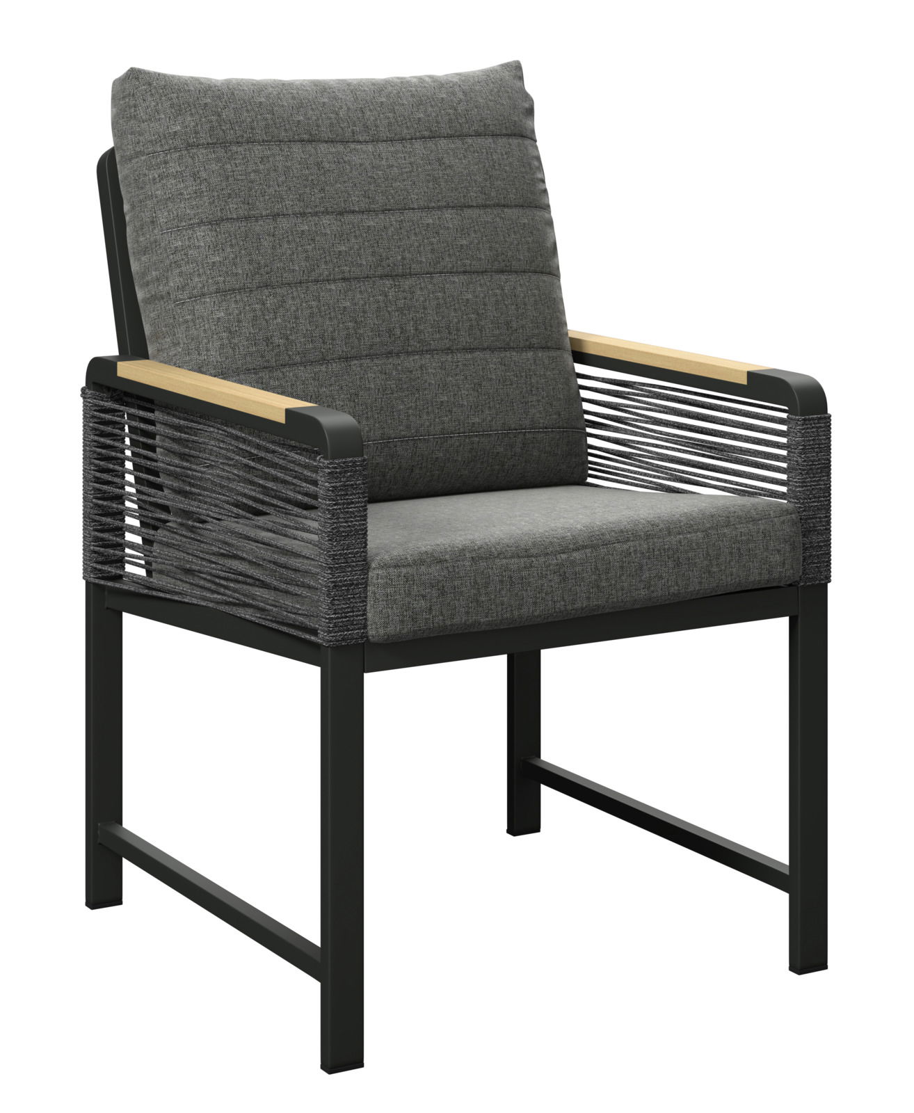Moderner Gartenstuhl mit grauem Polster und Armlehnen aus Holz, seitliche Perspektive