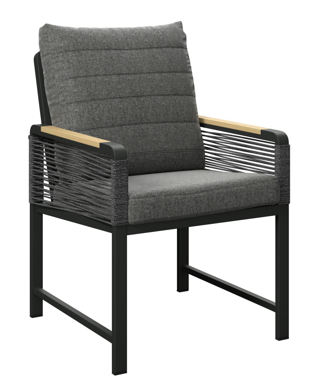 Moderner Gartenstuhl mit grauem Polster und Armlehnen aus Holz, seitliche Perspektive