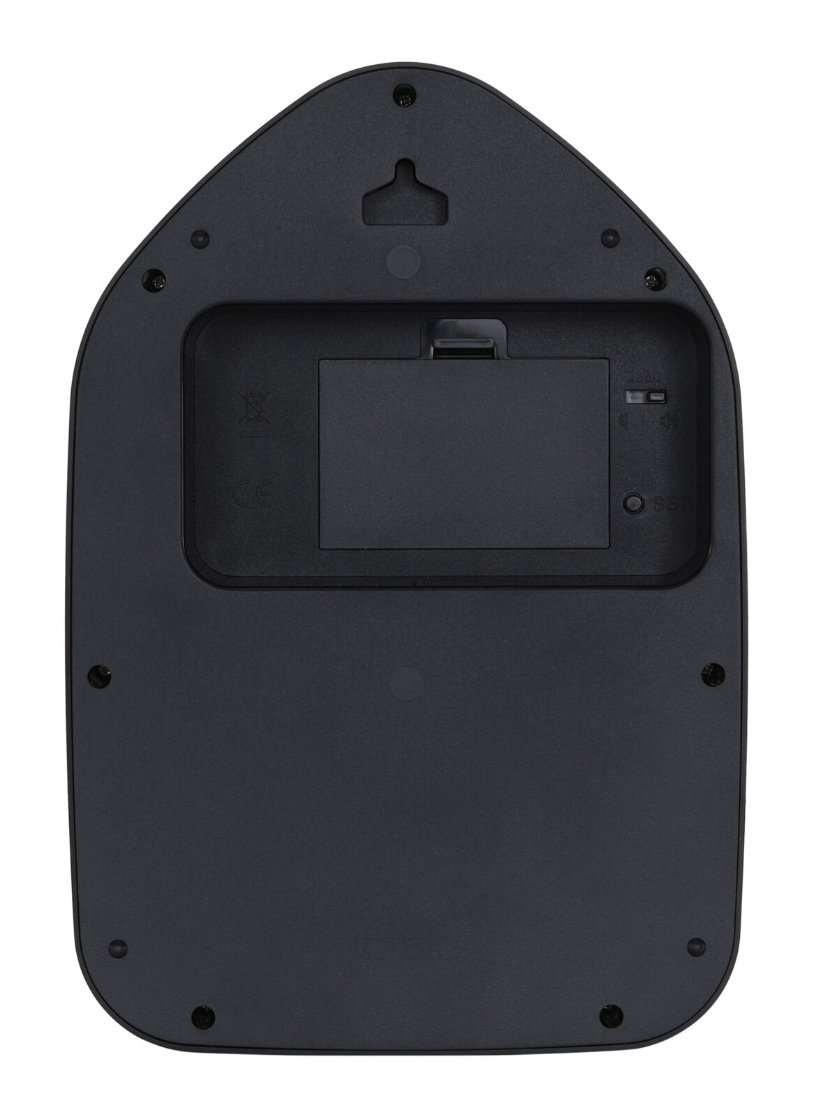 Achterkant van een zwarte wandklok met batterijvak en ophangbeugel.