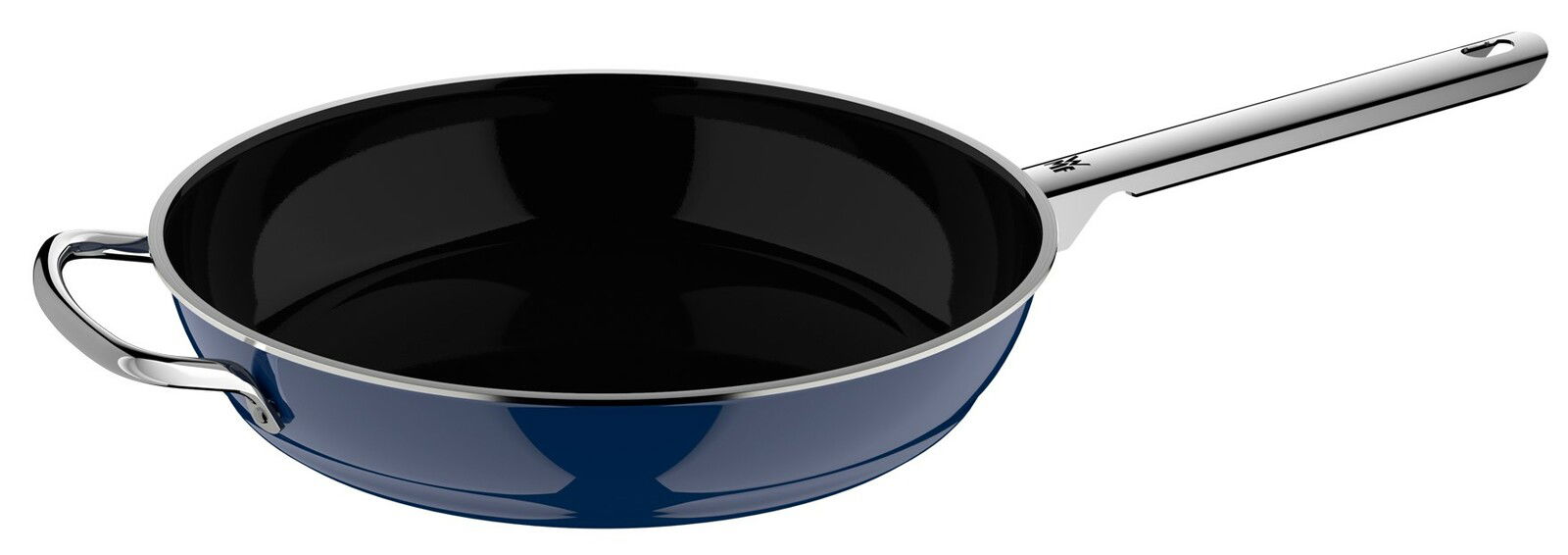 WMF Bratpfanne Ø28cm FUSIONTEC MINERAL PRO Blaue Pfanne mit schwarzer Innenbeschichtung und zwei Griffen, seitliche Perspektive