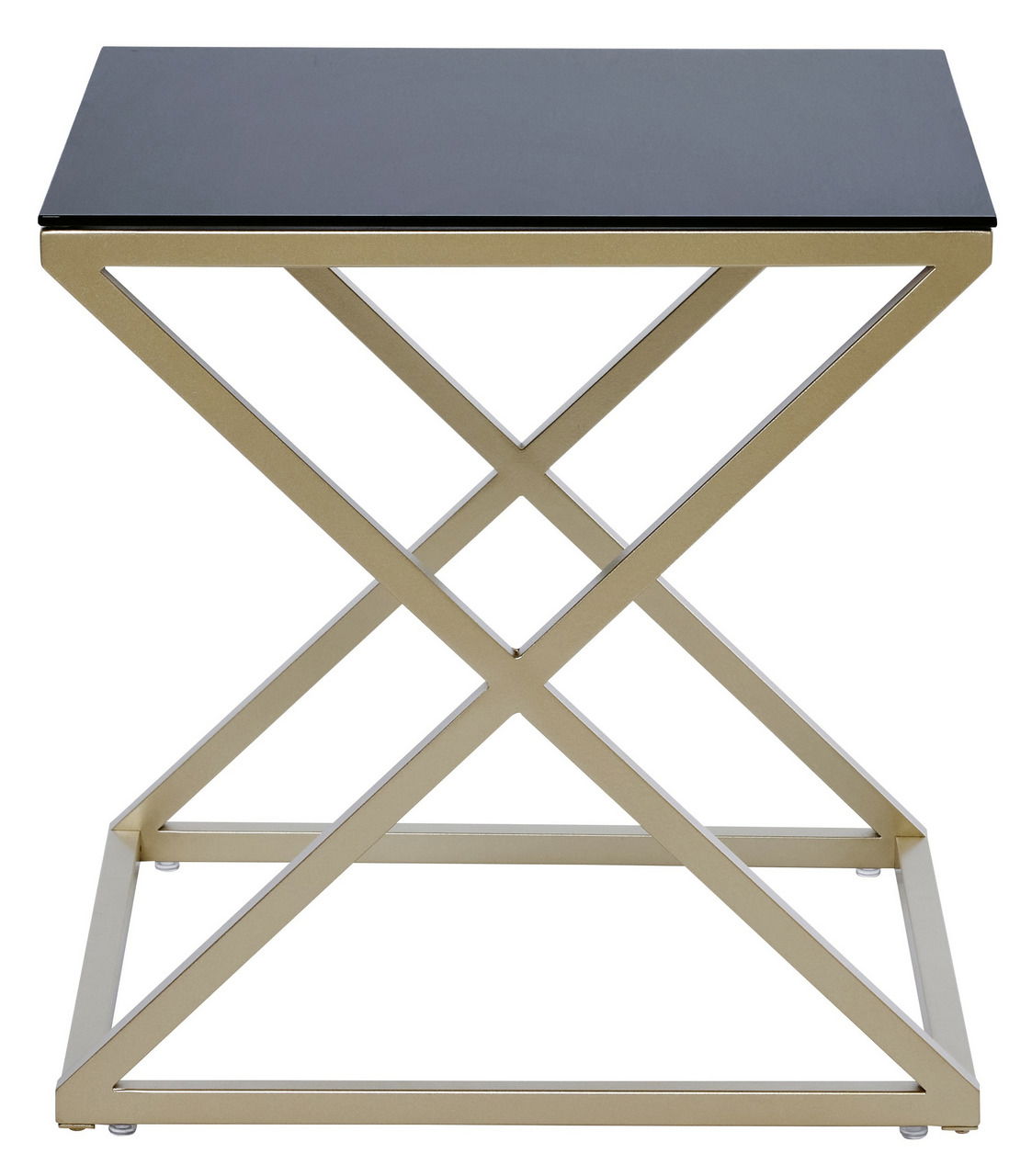 Moderner Beistell- oder Nachttisch mit schwarzer Glasplatte und goldfarbenem Metallgestell, Frontalansicht