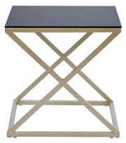 Moderner Beistell- oder Nachttisch mit schwarzer Glasplatte und goldfarbenem Metallgestell, Frontalansicht