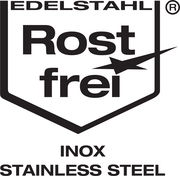 Logo mit der Aufschrift 'Edelstahl Rostfrei Inox Stainless Steel', zeigt die Vorderansicht.