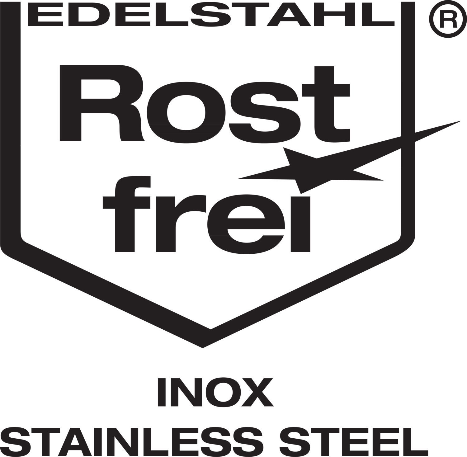 Logo mit der Aufschrift 'Edelstahl Rostfrei Inox Stainless Steel', zeigt die Vorderansicht.