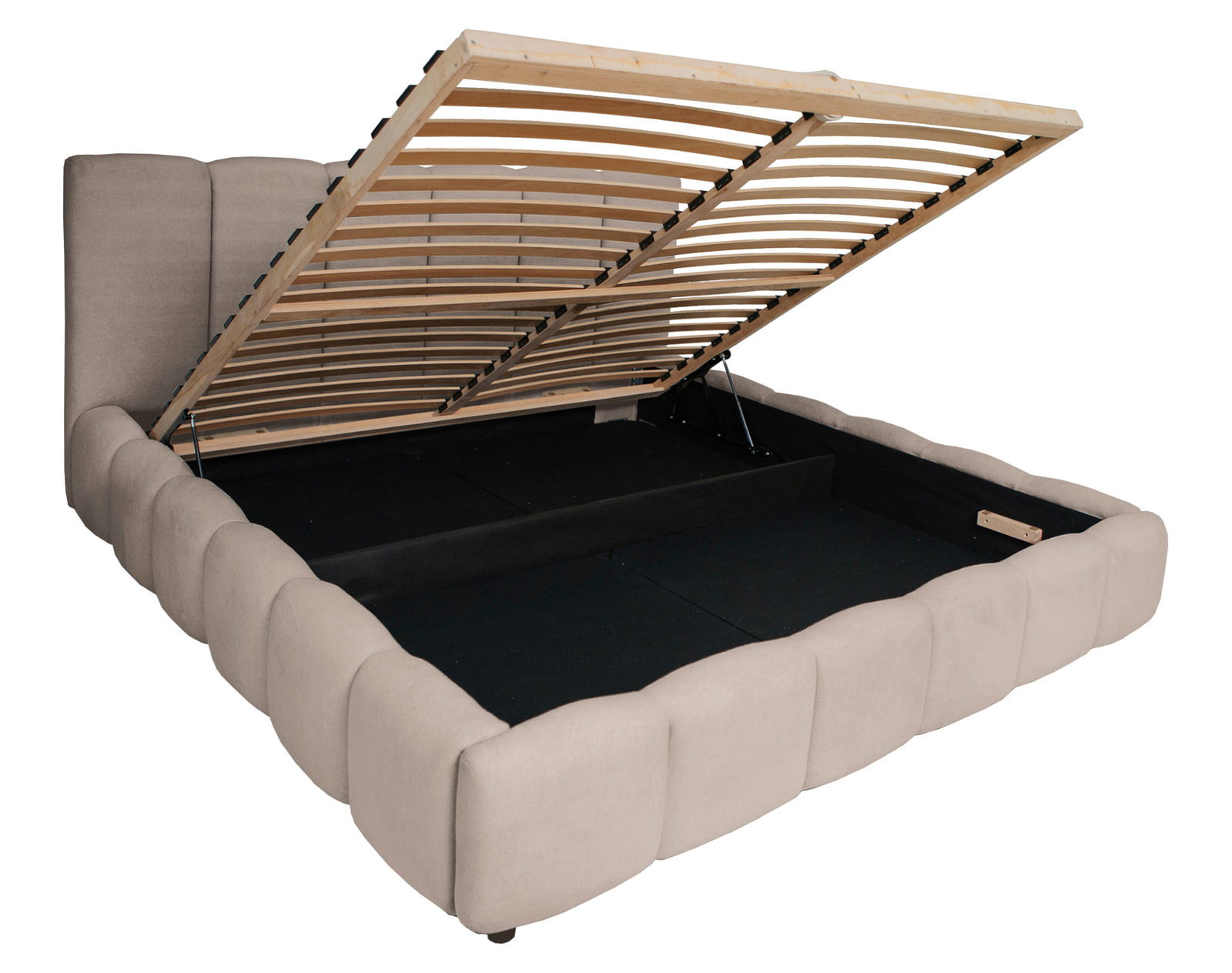 Polsterbettgestell mit hochgeklapptem Lattenrost, seitliche Perspektive