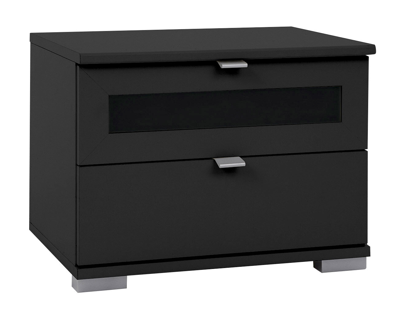 Schwarze Nachtkonsole mit zwei Schubladen, moderne Griffe, Frontansicht