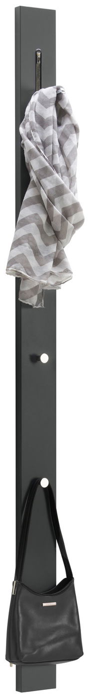 Garderobenpaneel in schwarzer Farbe mit Haken, von vorne gesehen, mit einem Schal und einer Handtasche behängt.