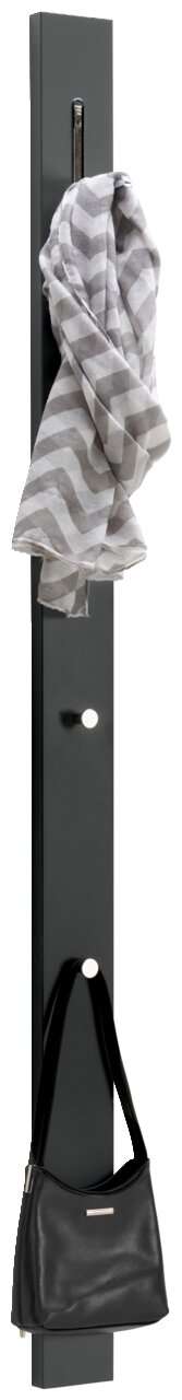 Moderano Garderobenpaneel LECCO PLUS Garderobenpaneel in schwarzer Farbe mit Haken, von vorne gesehen, mit einem Schal und einer Handtasche behängt.