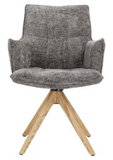 Grauer Sessel mit gepolsterter Sitzfläche und Rückenlehne, auf einem Holzgestell mit vier Beinen, Frontalansicht