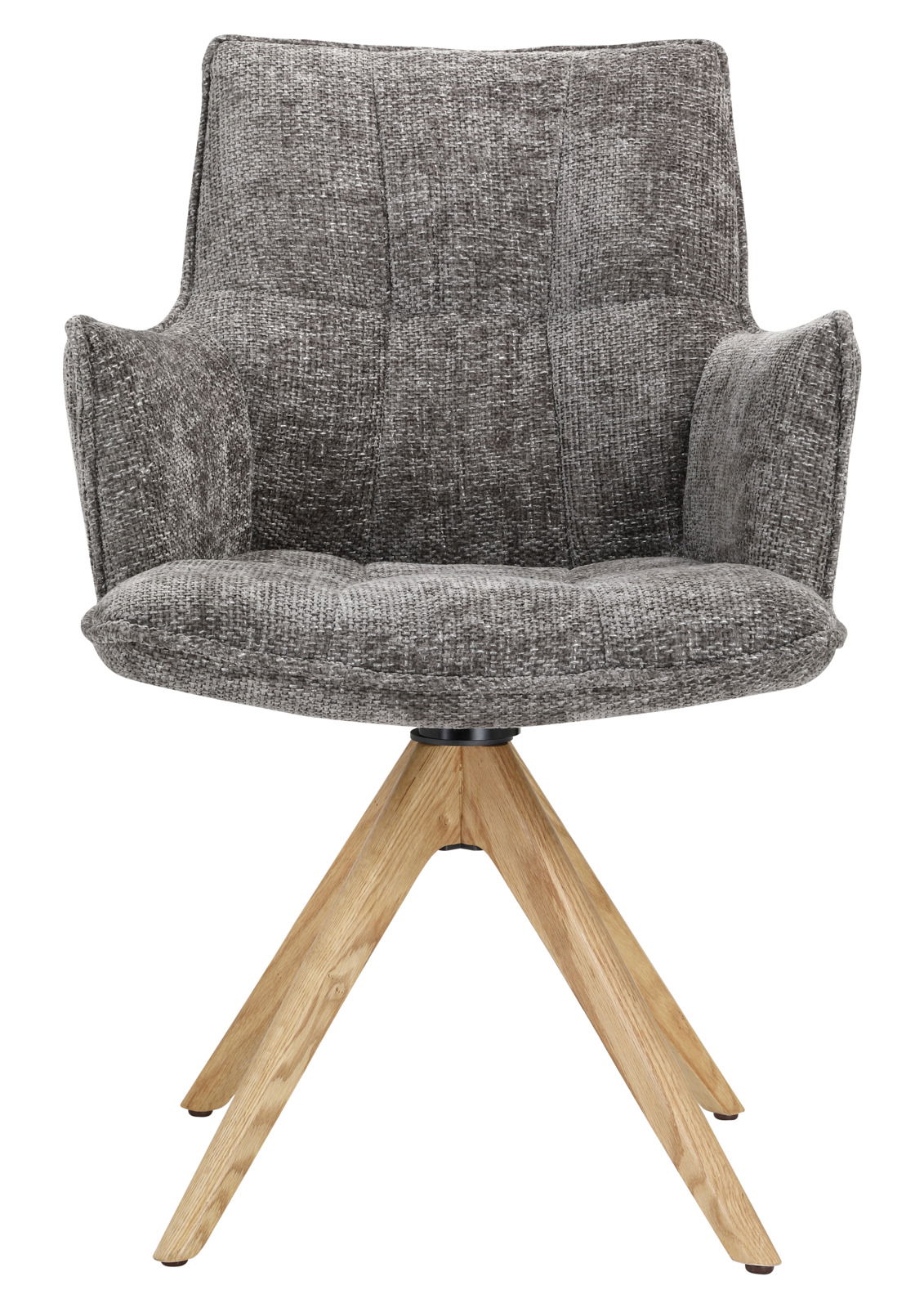 Grauer Sessel mit gepolsterter Sitzfläche und Rückenlehne, auf einem Holzgestell mit vier Beinen, Frontalansicht