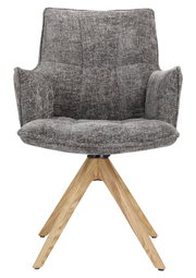 Grauer Sessel mit gepolsterter Sitzfläche und Rückenlehne, auf einem Holzgestell mit vier Beinen, Frontalansicht